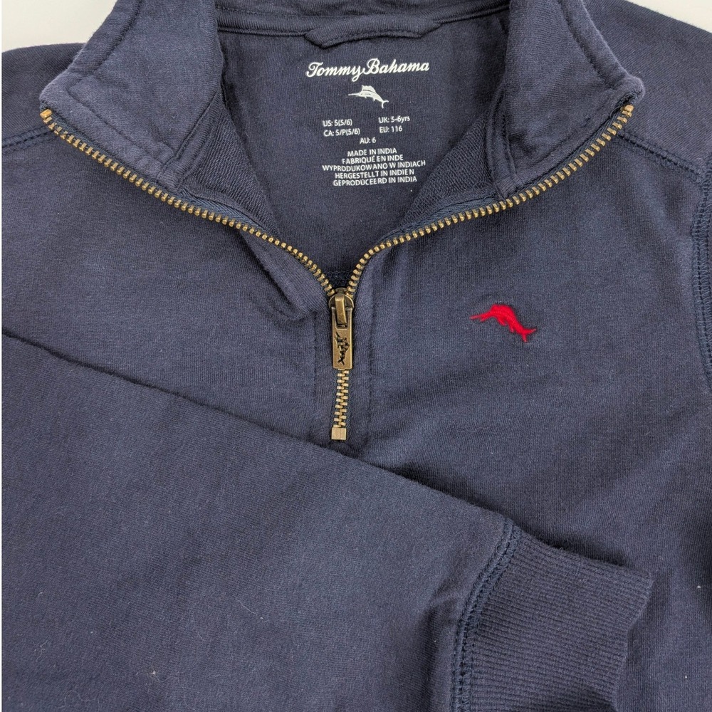 Tommy Bahama Boys‎ Navy Blue Quarter Zip Pullover Sweater Marlin Logo Size S 5/6